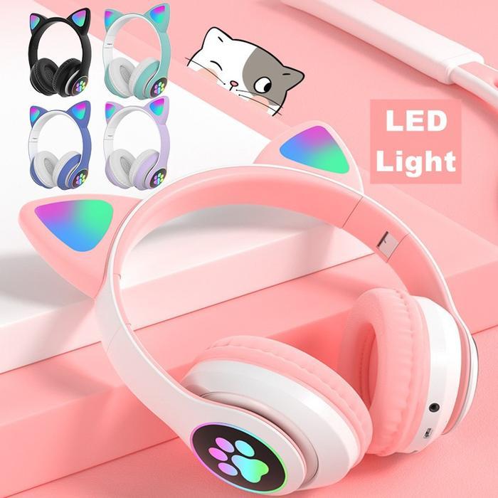 Headset Bluetooth Motif Telinga Kucing STN Headphone Cat Ear Pink Zoom - Hitam