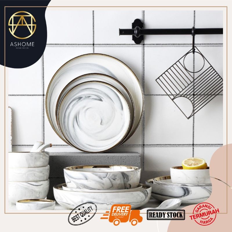 RoyalHuis Piring Set 6 Orang Keramik List Gold Elegan Lengkap 26 Pcs Warna Abu Marble dan Pink Marbl