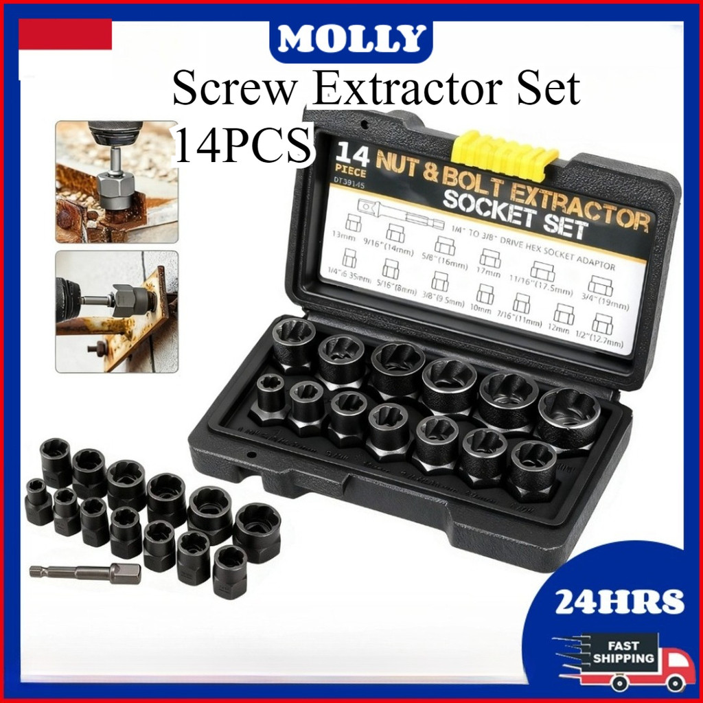 Set Alat Pembuka Baut Mur Rusak 14 Pcs 6-19mm Hex Adaptor untuk Bengkel