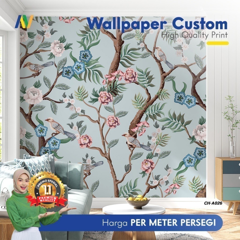 Wallpaper Dinding Custom | Wallpaper Dinding Ruang Makan | Wallpaper Dinding Motif Chinoiserie 1 | W