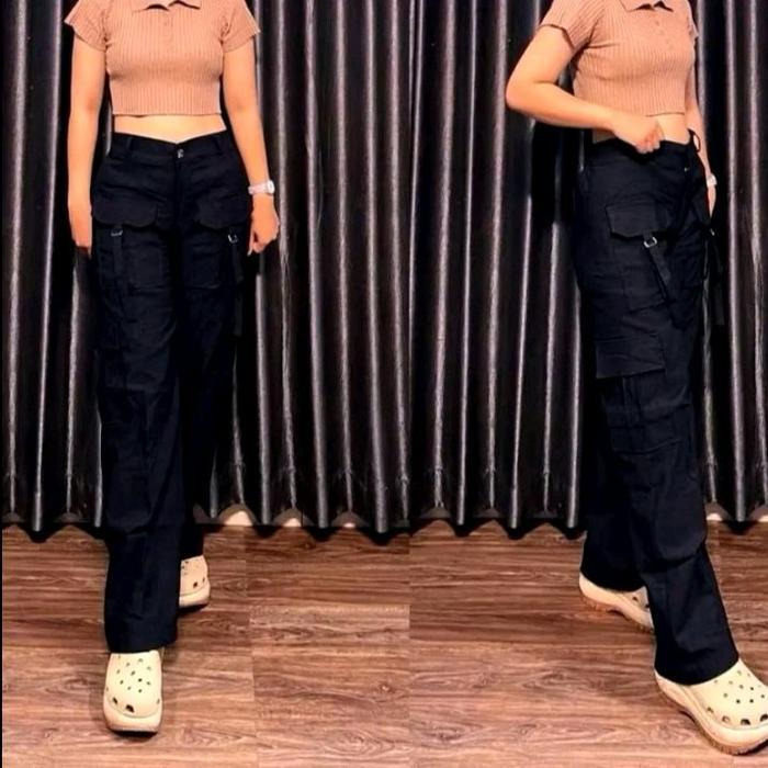 Kulot Cargo Wanita Katun Twill Combed Premium - Hitam, All Size