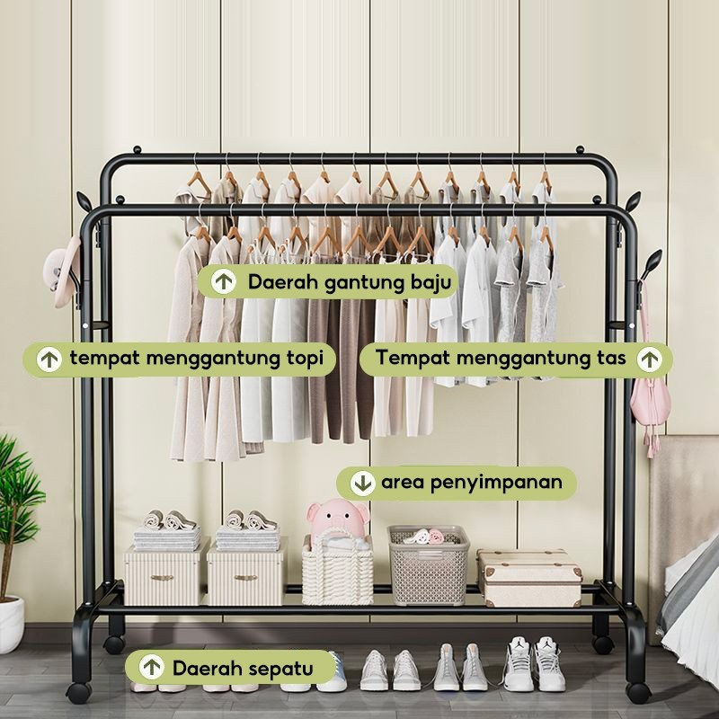 Rak Gantungan Baju Besi Gantungan Baju Berdiri Gantungan Baju Estetik Rak Baju Gantung HITAM/PUTIH