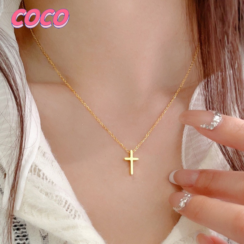 Kalung Salib Titanium Kalung Wanita Anti Karat Aesthetic Korean Style Elegan Simple Mewah-Coco