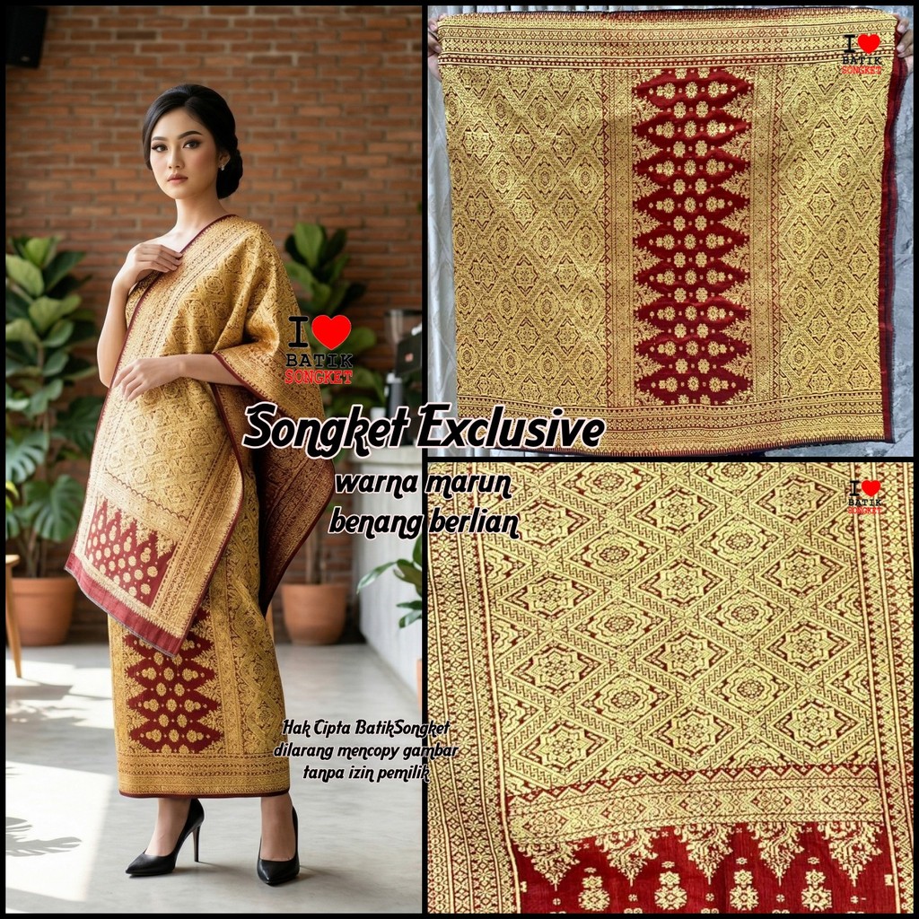 EDISI SPECIAL  SONGKET PALEMBANG BERLIAN GRADE A TENUN ORI MARUN MERAH MARUN PENGANTIN MOTIF 1