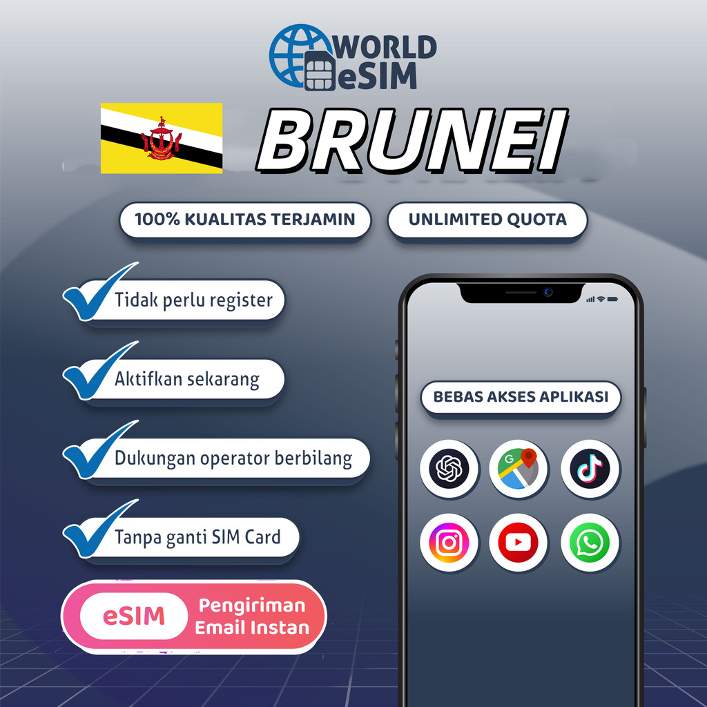 Worldesim Brunei esim Roaming 5G Data | 3-20GB 3-30Hari | Instant Email Delivery | High Speed Travel