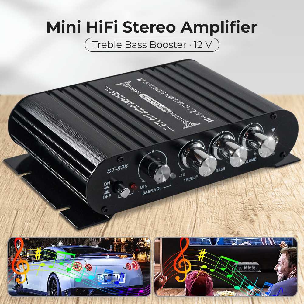 LVPIN ST838 Mini HiFi Stereo Amplifier Treble Bass Booster 12V Power Amp Mobil Rumahan 2.1 Channel S