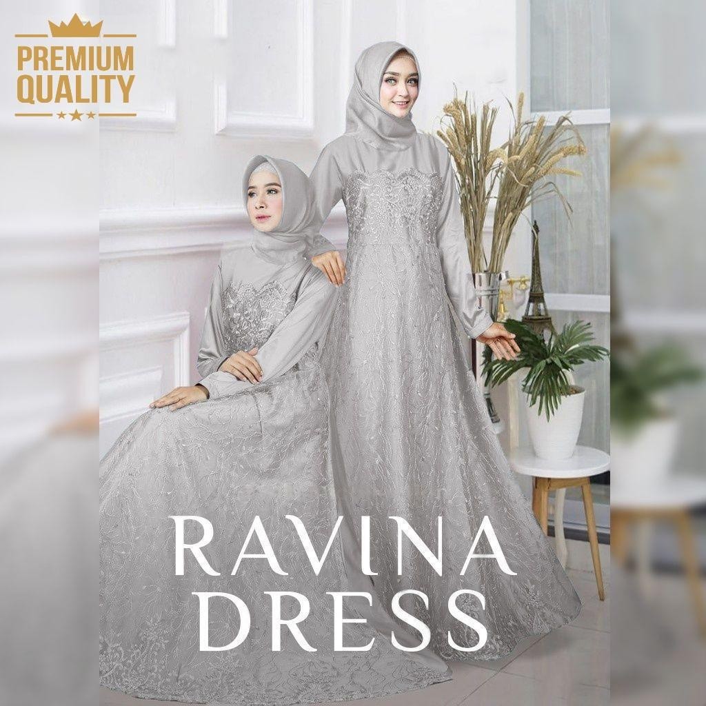 Ravina Dress Gamis Syar'i Cantik Ready Jumbo Gamis Brukat Pesta Kondangan Bridesmaid Modern  (Gery)