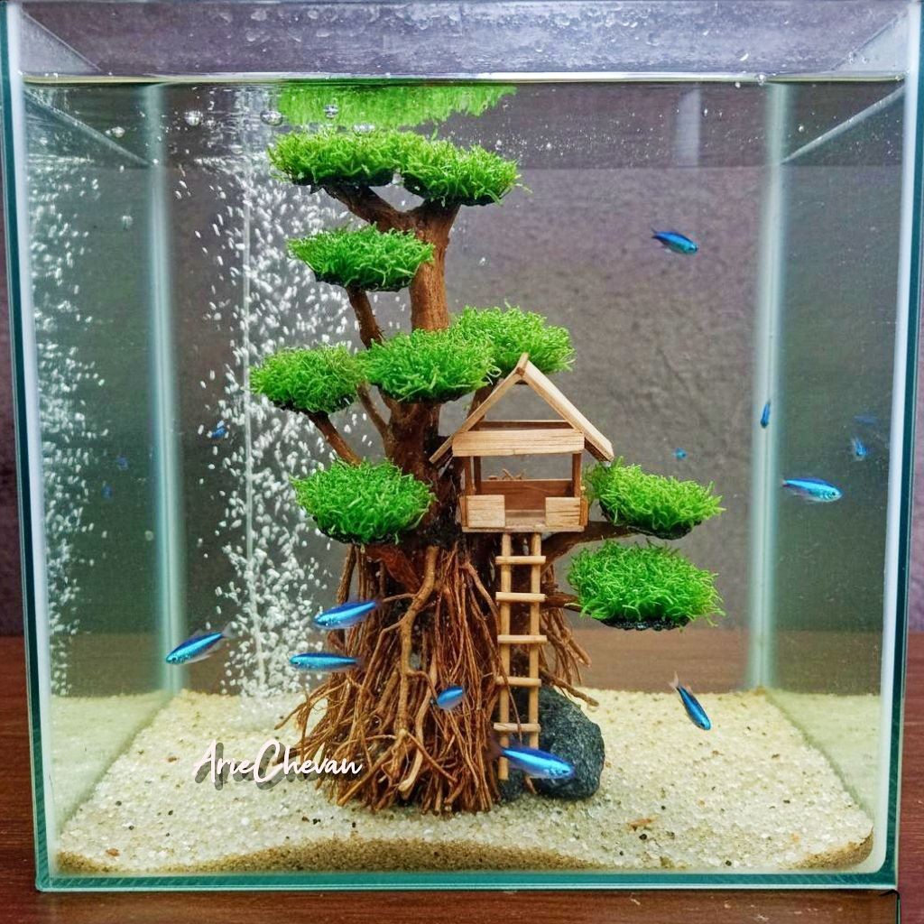 Promo Murah hiasan aquarium rumah pohon aquascape bonus moss Terlaris