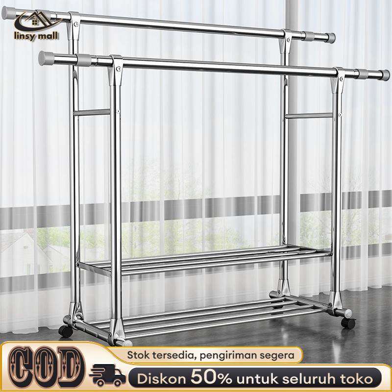 Rak Gantungan Baju Berdiri Stainless Steel Tebal Jemuran Baju Stainless Jemuran baju Dobel Pool Roda