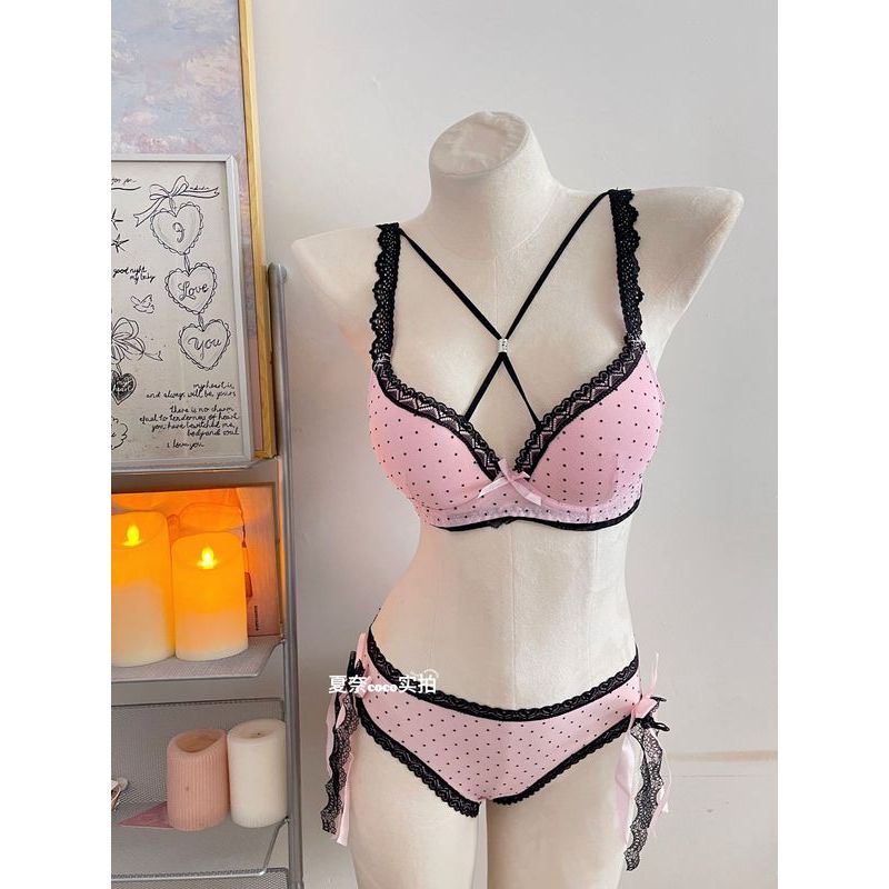 LadyAllure COD Set Bra Renda Motif Polkadot Merah Muda, Bra Push-up Seksi