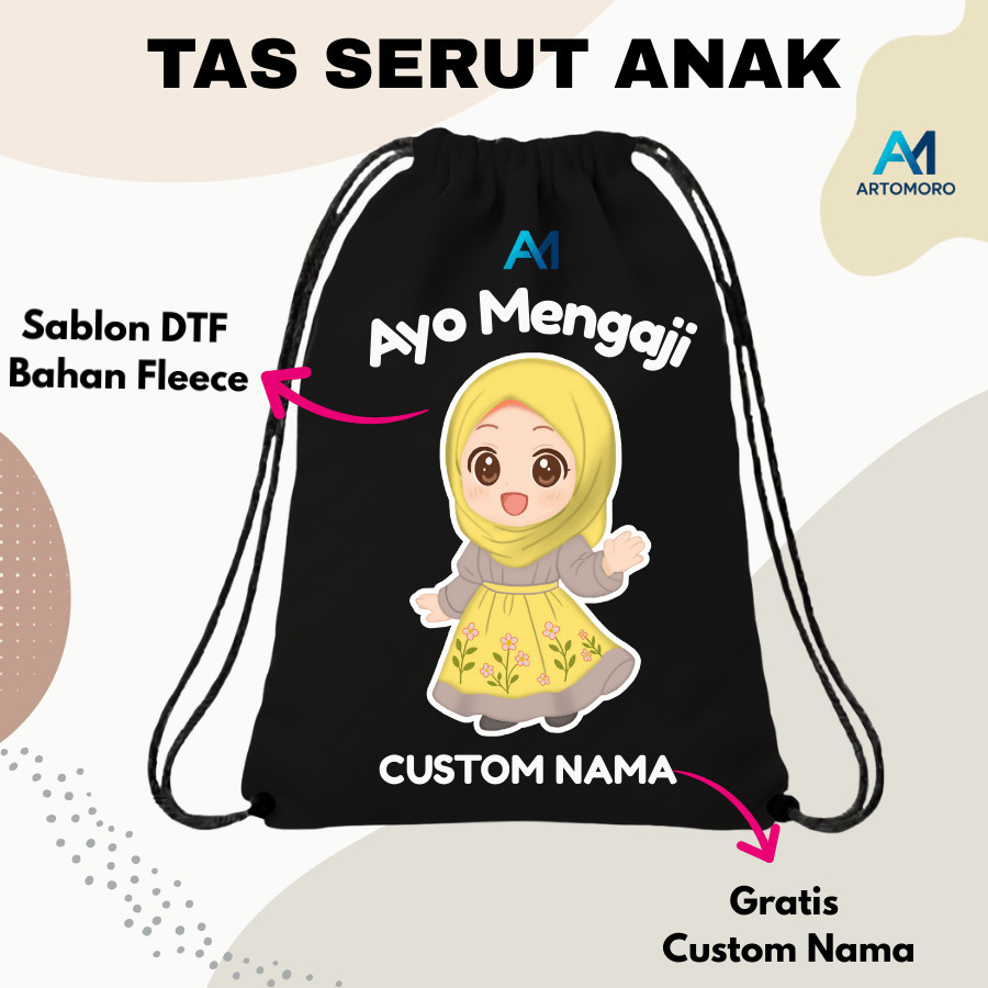 Tas Serut Custom CUSTOM NAMA Sekolah Ngaji Anak Laki Perempuan  Tas Serut Anak CUSTOM NAMA