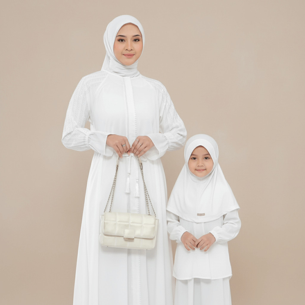 Abaya Couple Ibu Anak Muslim Mewah Terbaru Hitam Mom Premium 2026 Lebaran Putih Remaja Gamis Kids