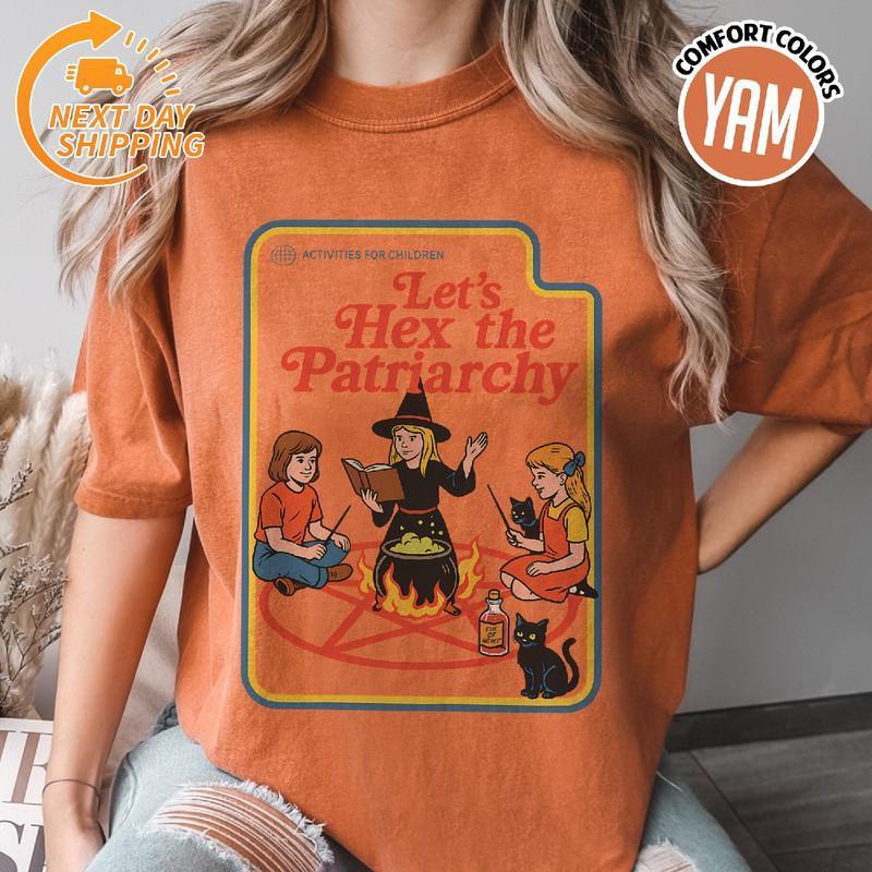 (jaminan mutu)Hex Kemeja Halloween Patriarki, Kaos Feminis Penyihir Retro, Penyihir Gaib, Kucing Hit
