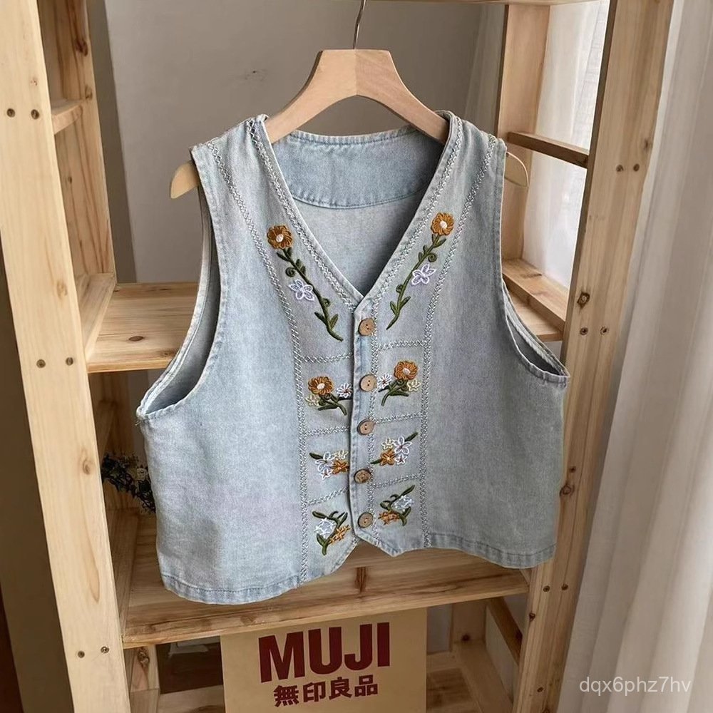 Rompi Denim Wanita Retro Serbaguna Bordir Longgar Tanpa Lengan