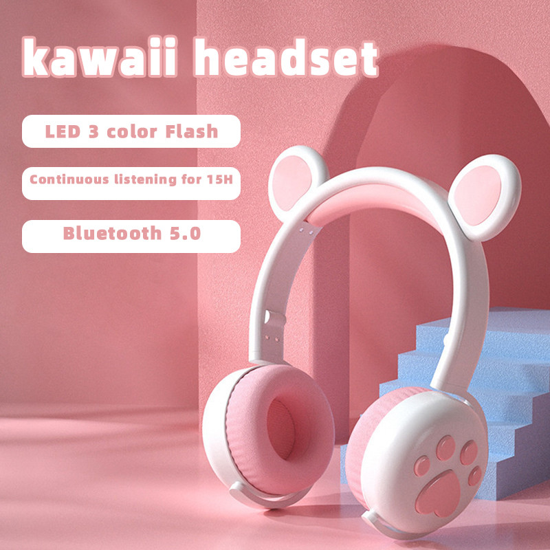 NEW Flash Light Cute Cat Ear Headphones Wireless Bluetooth 5.0 LED HiFi Kids Girl Stereo Phone Music