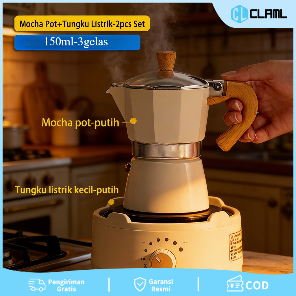 Moka Pot Elektrik Set Teko Kopi Espresso Mocha Pot Coffee Maker Alat Seduh Kopi Stovetop Tungku List