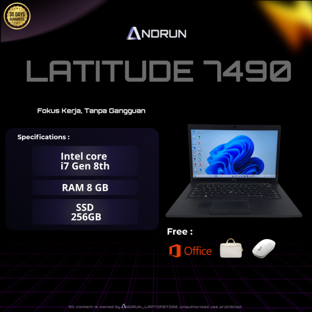 LAPTOP SEKEN DELL LATITUDE 7490 || CORE i7 GEN 8th || RAM 8GB SSD 256GB