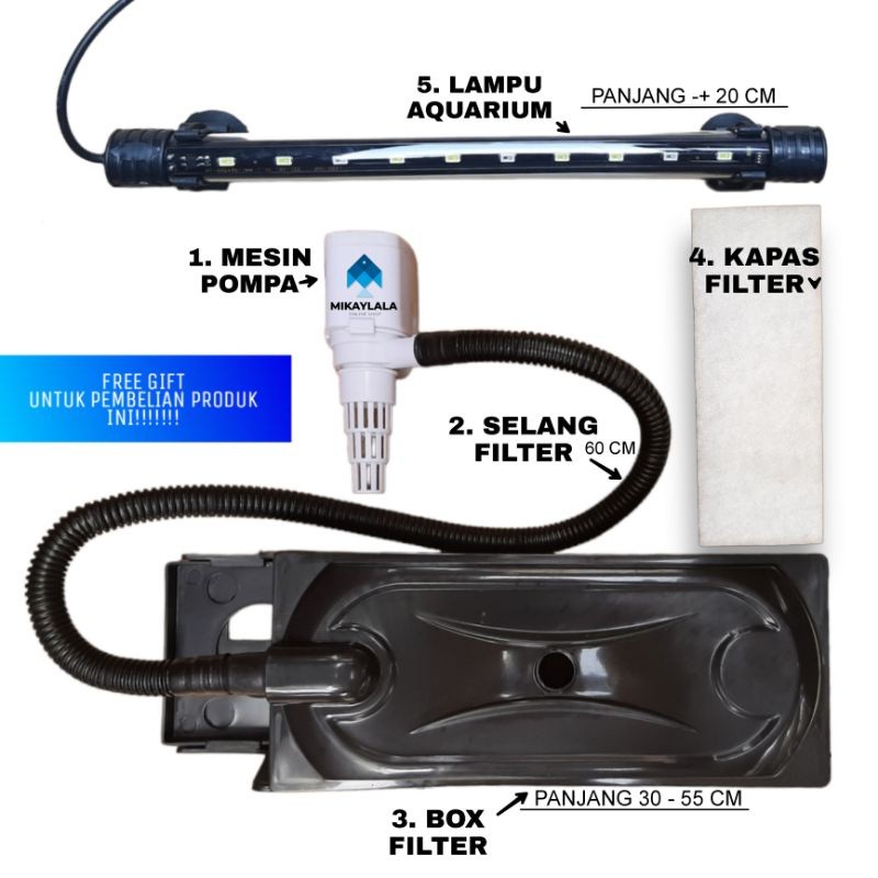 MAGELJAYA Paket Peralatan Pompa Celup Lampu Filter Aquarium 40 - 60 CM Gratis Hadiah Menarik