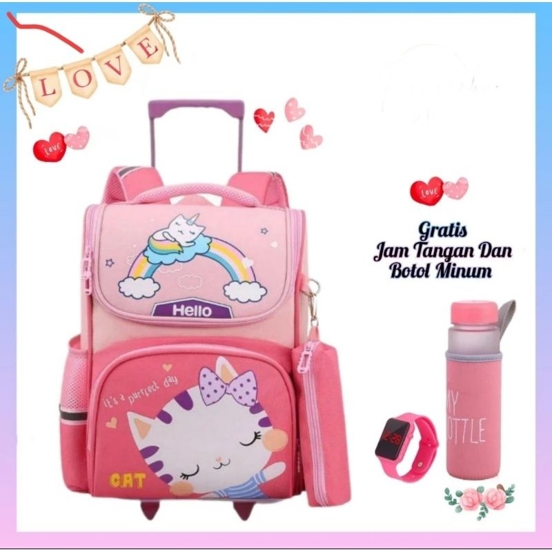 TAS TROLI Ransel Dorong ANAK PEREMPUAN HELLO KITTY CATS TK SD