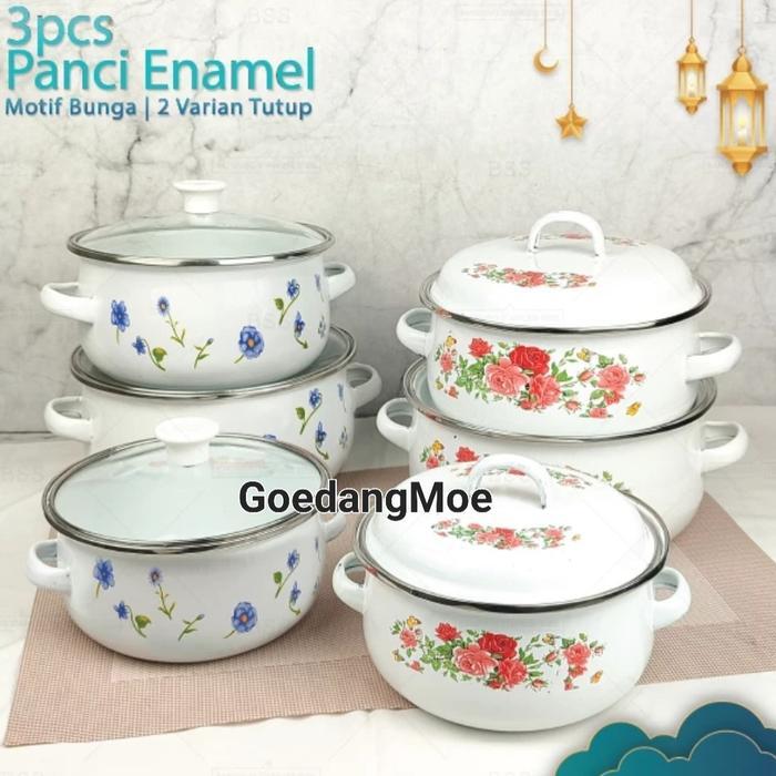 Panci enamel set 3pc Panci masak sup motif enamel 3pc ttp kaca / ttp enamel - tutup enamel