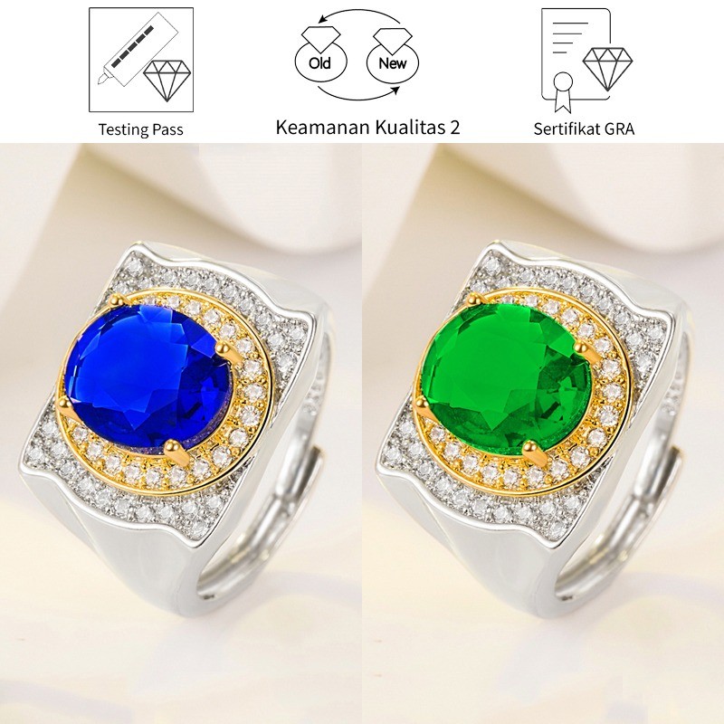 SikRoad Cincin Lapis Platinum Berlian Hijau Mewah Fashion Moissanite Berlian Biru Oval Pria