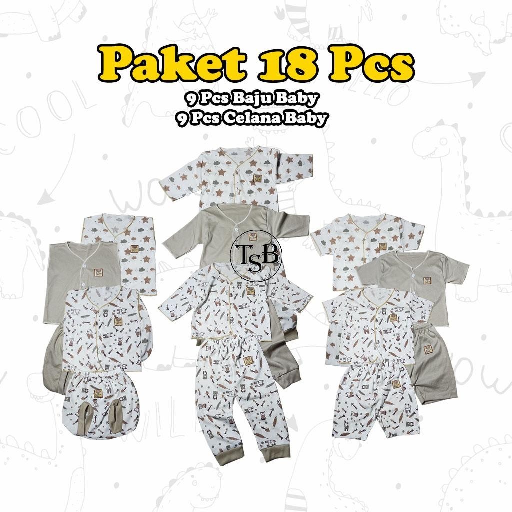 18 Pcs Paket Baju Bayi Dan Celana Bayi Baru Lahir 0-3 Bulan Seri Cream Model Lekton Model Lengan Pen