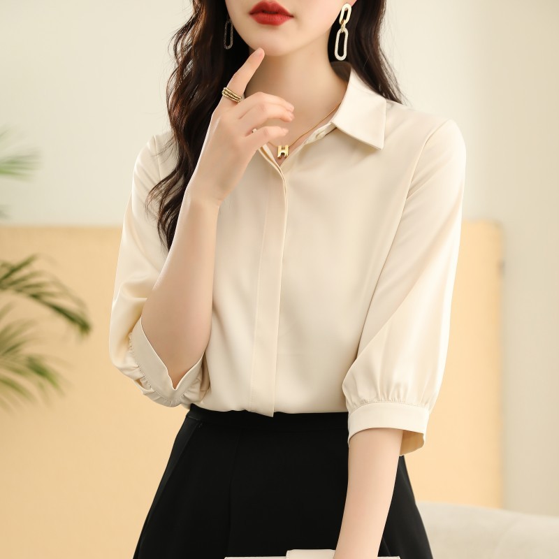 Blus Wanita Lengan Pendek 2025 Musim Panas Satin OL Baju Kantor Atasan Slim Fit