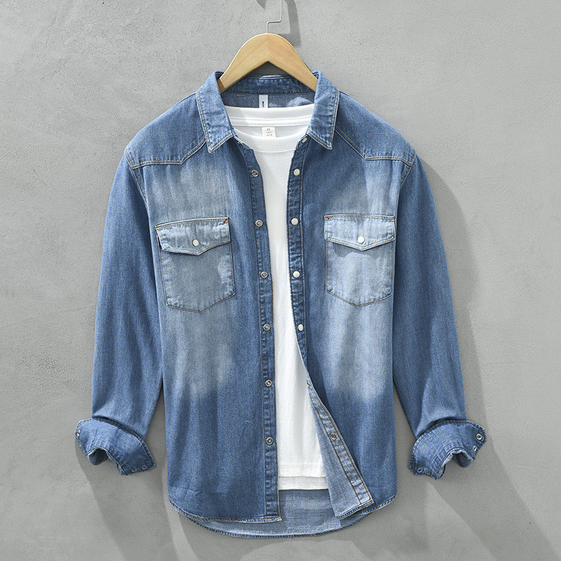 8807 Japanese Retro Denim Shirt Long Sleeve Trendy Versatile Gradient Casual Men's Shirt Jacket