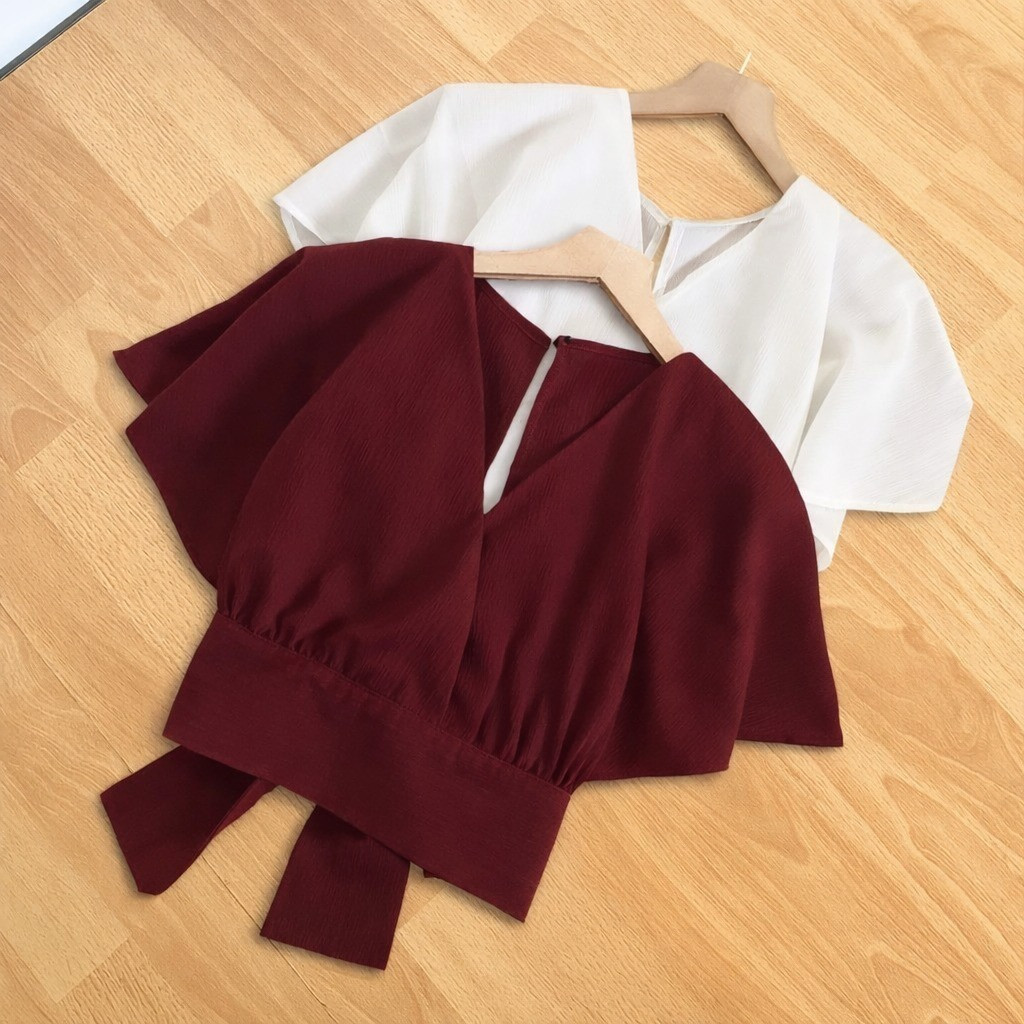 Clovera —— (Real Picture) Femei Outer Blouse Slit Back Self Tie Wrap Crop Top Wanita Korean Style Bo