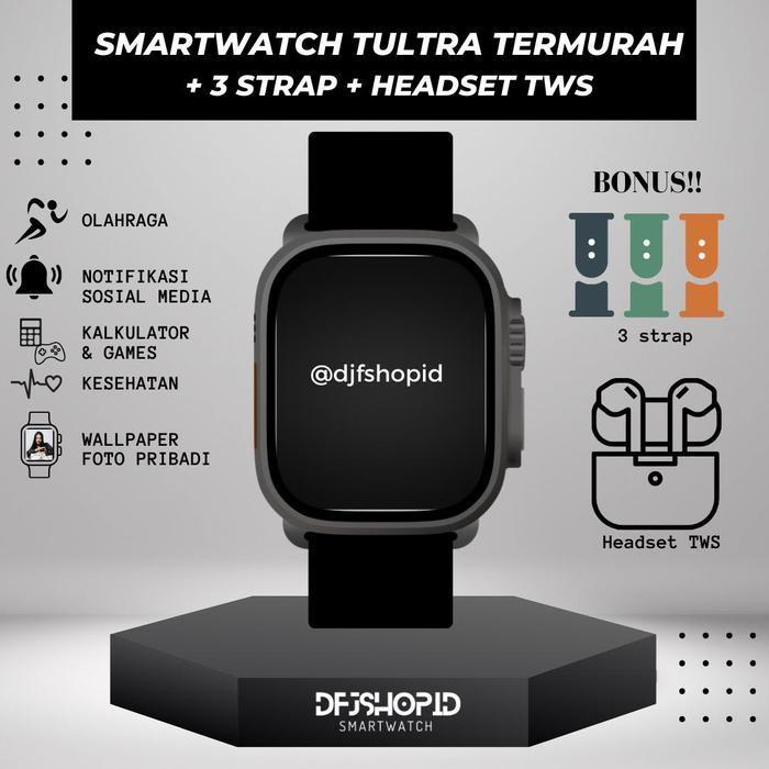 JAM TANGAN PINTAR SMARTWATCH  PAKET 3 TALI+HEADSET (BISA COD) - hitam