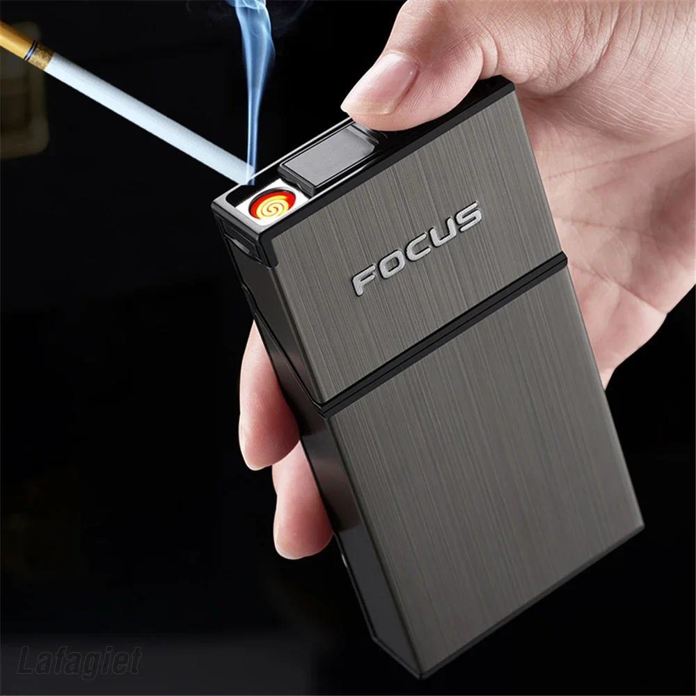 Fine Smoke Cigarette Case 20pcs Capacity Slim Cigarette Holder with USB Reargeable Lighter Metal Cig