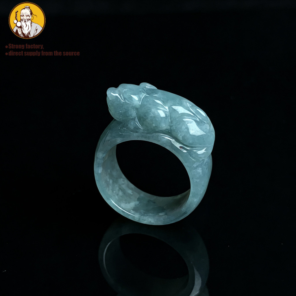 Cincin giok air biru es, kunci pas jari Pixiu pria, cincin giok produk alami A