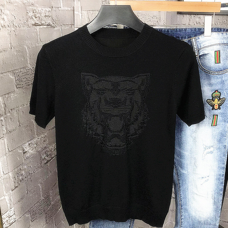 Kemeja rajutan lengan pendek, embossed Tiger Head, rajutan bulu, pria.