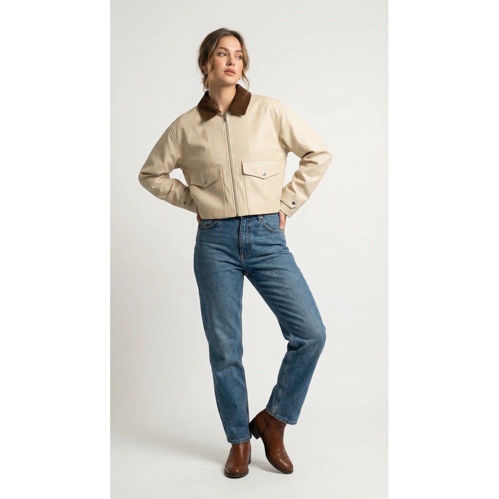 Jaket Crop Top Vintage Wanita Kekinian Terbaru Cream - Crop Jacket Korean Style