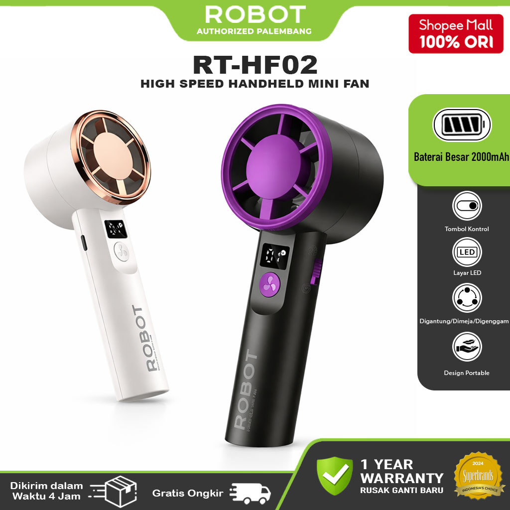 ROBOT Mini Fan Portable 2000mAh 199 Level Angin LED Display Handheld Desk Fan RT-HF02 Original – Gar