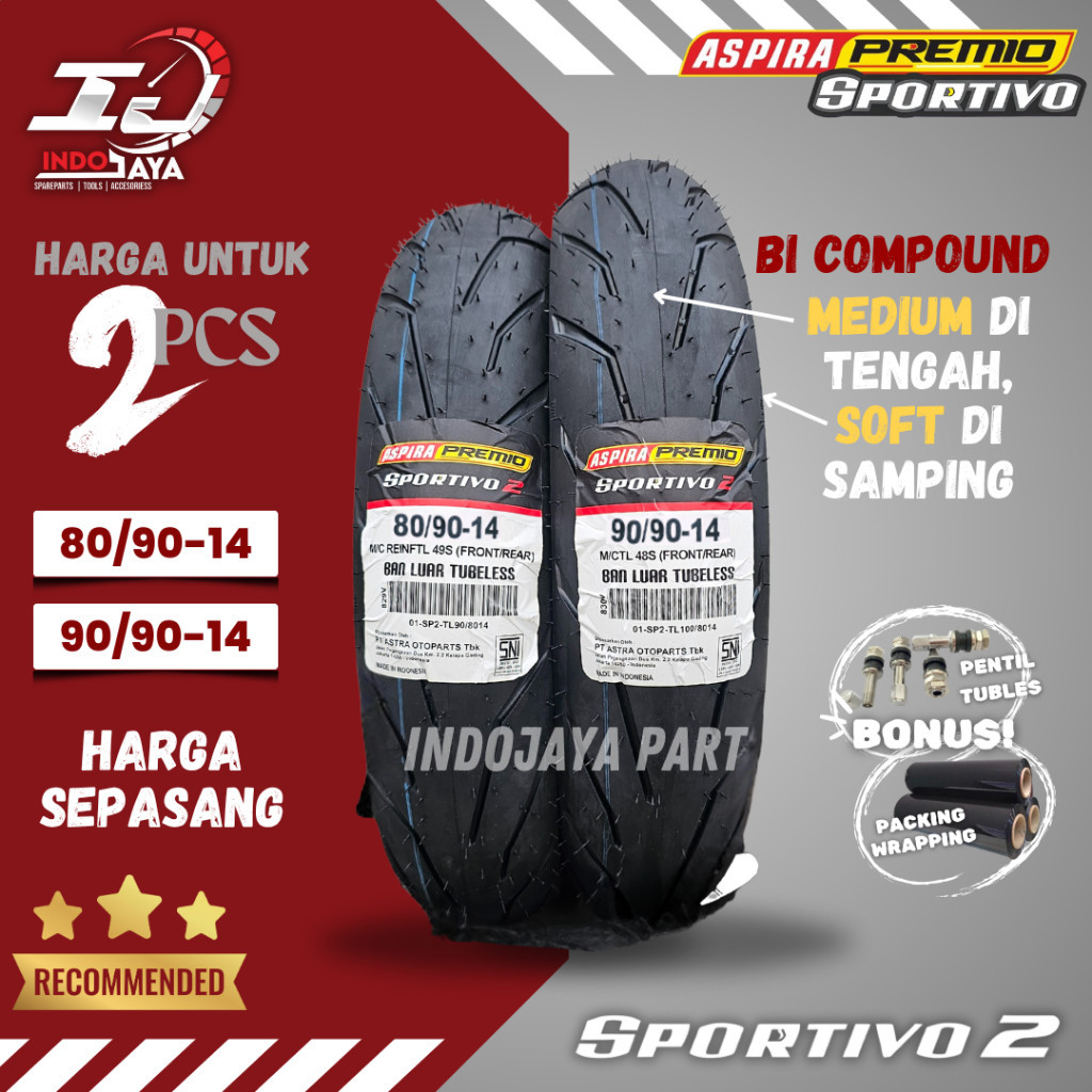 [HARGA MURAH SEPASANG] BAN LUAR ASPIRA PREMIO SPORTIVO 2 (80/90-14 & 90/90-14) BAN LUAR TUBELESS PRE