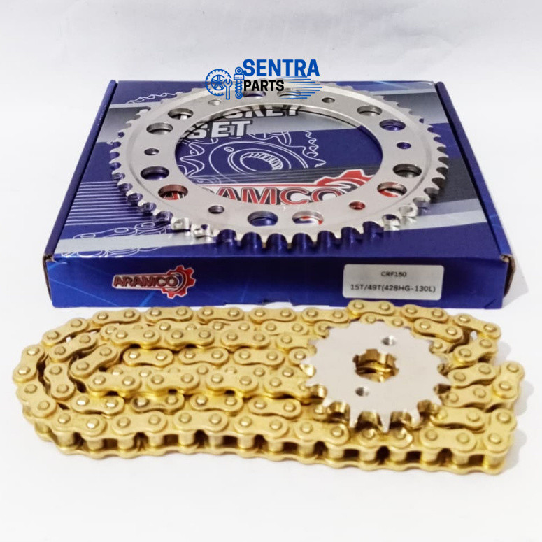 GEAR PAKET BAJA CHROME CRF 150 15/49T (428HG-130L) GIRSET CROM SPROCKET RANTAI GOLD ARAMCO