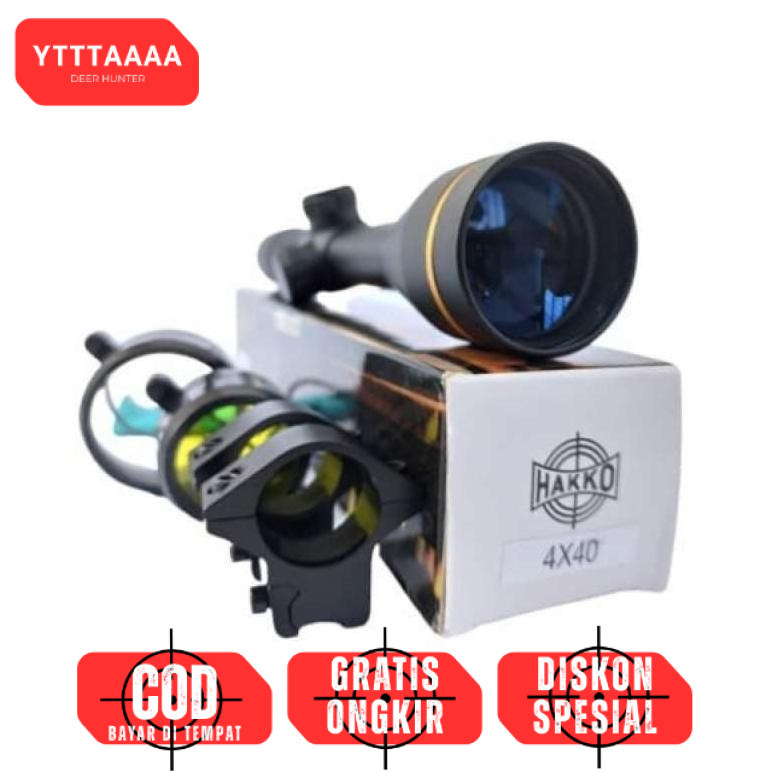 Teleskop Hakko 4x40 Tube 30mm Ring Gold – Teropong Siang Malam Fix Zoom Jernih Untuk Senapan & Unit 