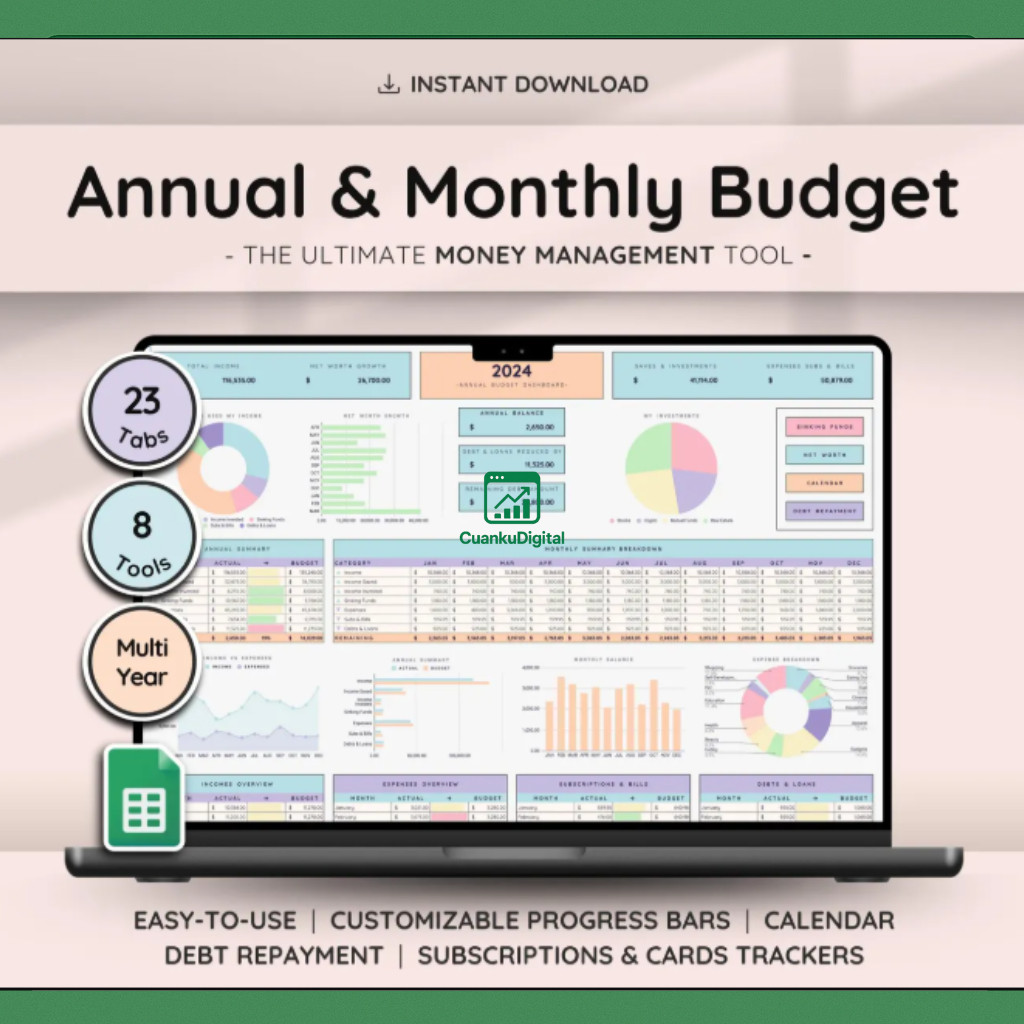 Template Anggaran Tahunan & Bulanan Spreadsheet Google Sheets Dashboard Keuangan Hutang