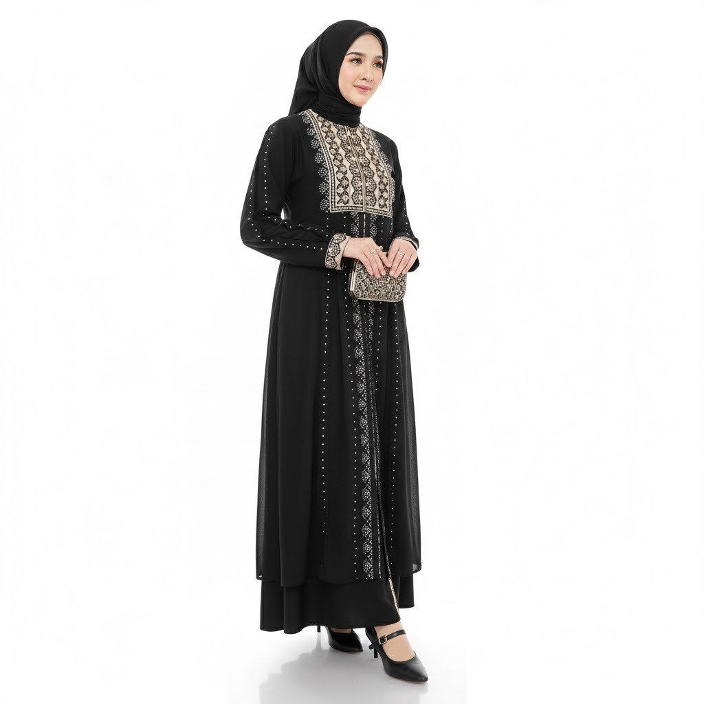 Gamis 387 Busui Resleting Depan Abaya Hitam Mewah Elegan Turkey Bordir Payet untuk Pesta Umroh Lebar