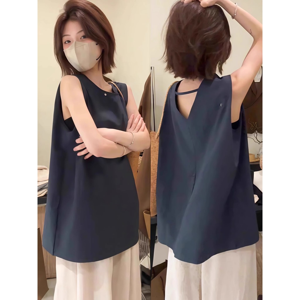 French Style Sleeveless Linen Shirt for Women, Unique Backless Doll Shirt, Loose Vest, Stunning Summ
