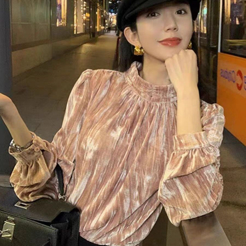 Kualitas Tinggi Kemeja Beludru Prancis Wanita  Kemeja Dasar Kerah Berdiri yang Modis