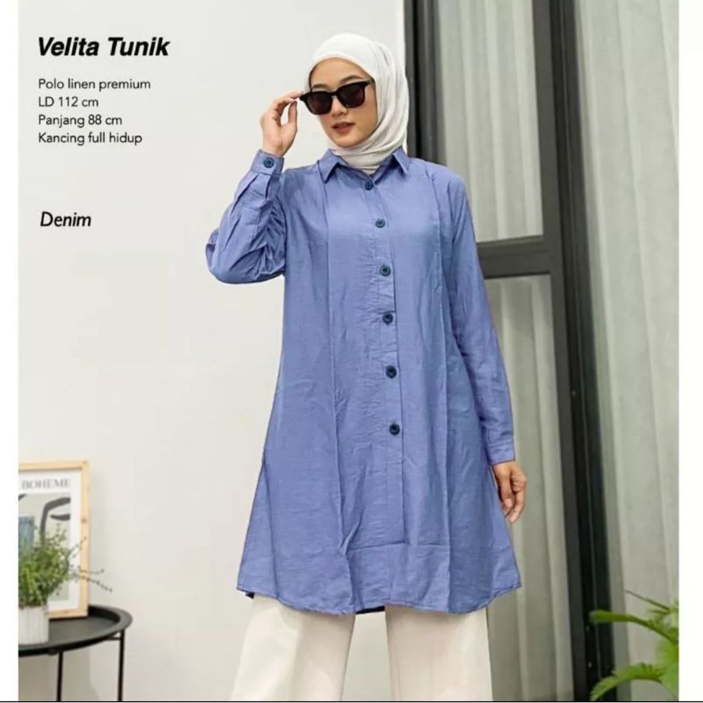 OTHERS VELITA Daily Tunik Bahan Linen Premium Tunik Wanita Terbaru Tunik Linen Polos Full Kancing Bu