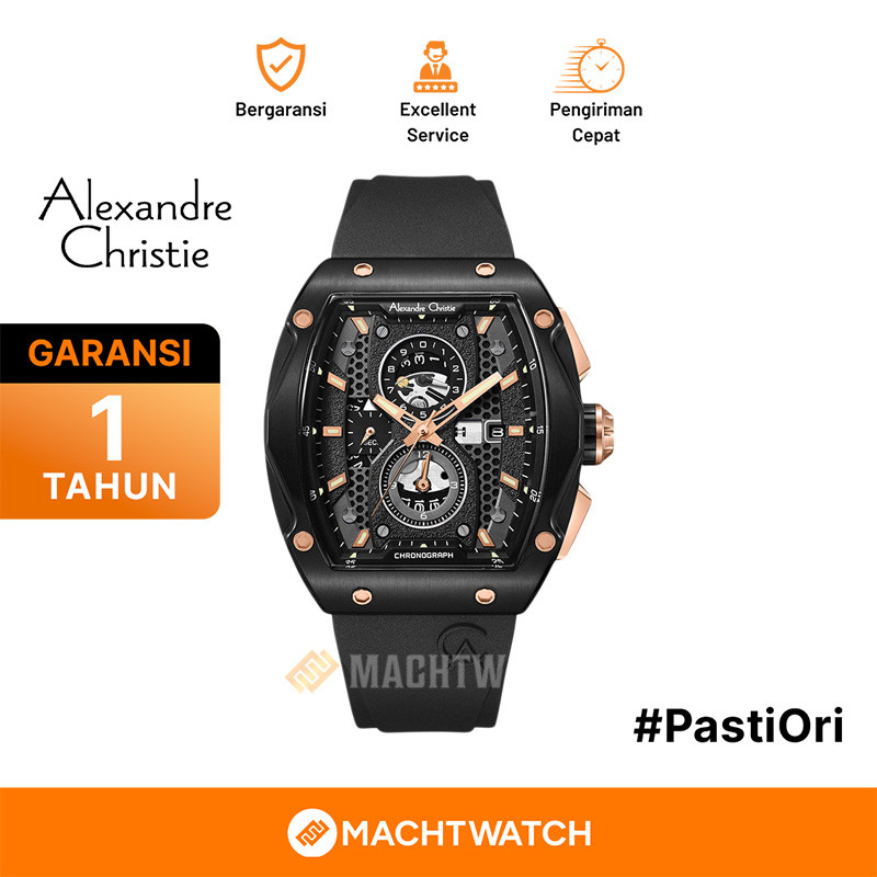 Jam Tangan Pria Alexandre Christie Chronograph AC 6608 MC RBRBA Men Black Dial Black Rubber Strap