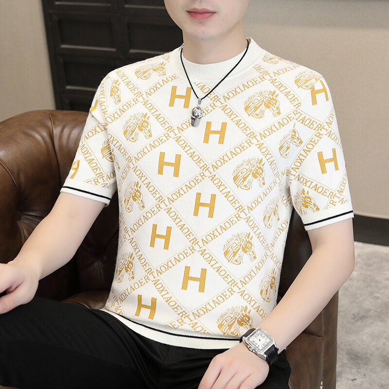 Sweater lengan pendek pria, kemeja kasual, pakaian rajut pria t Baju Kaos