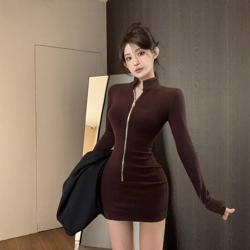 Dress Wanita Lengan Panjang Leher Polo Polos Ketat Fleece Bodycon Pendek Gaya Amerika Seksi Musim Gu