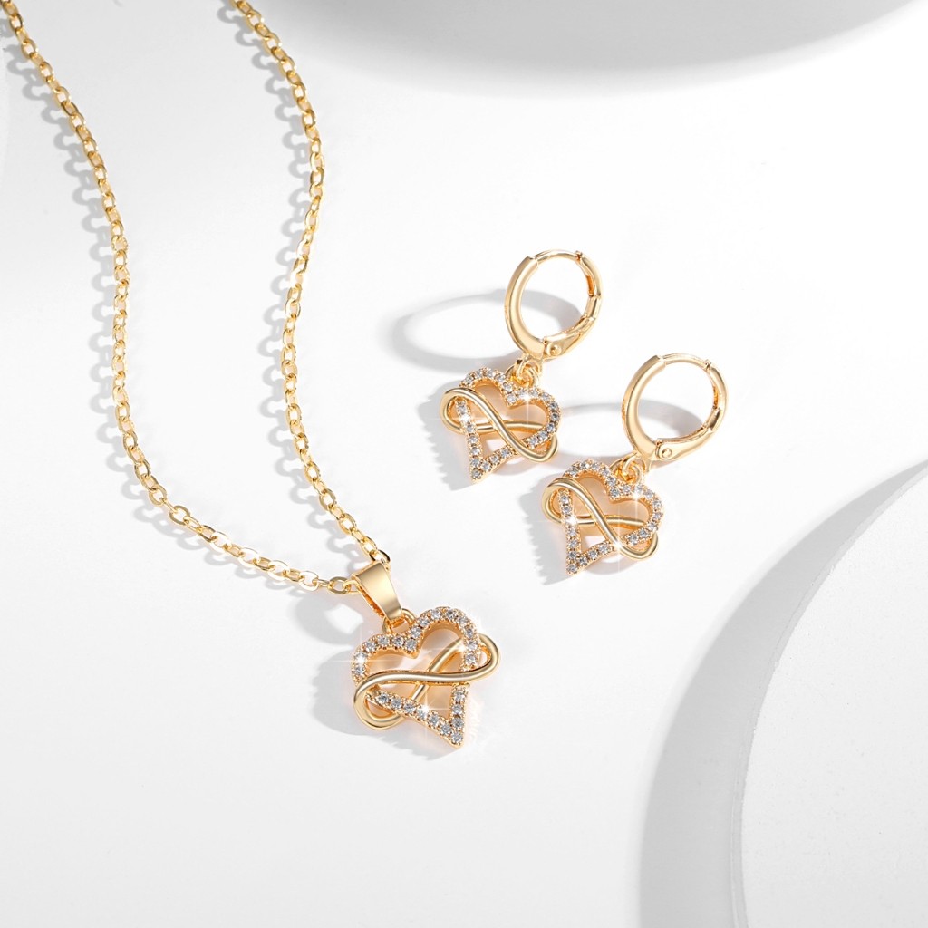 Lanme Jewelry Set Titanium Wanita Aesthetic Love Kristal Kalung Anting Anti Karat Perhiasan Fashion 