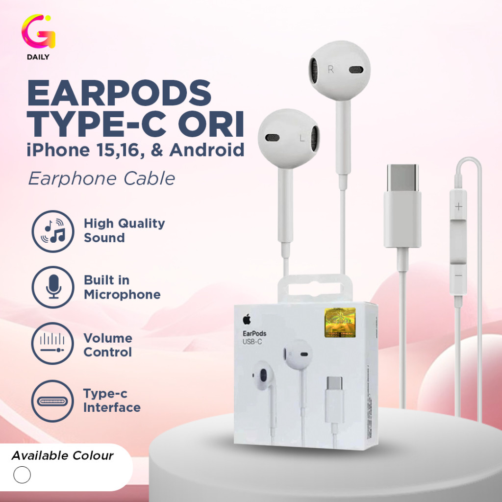 Headset Earphone Kabel Type-C Extra Bass with Mic for Iphone 15 16 & Android Earpods