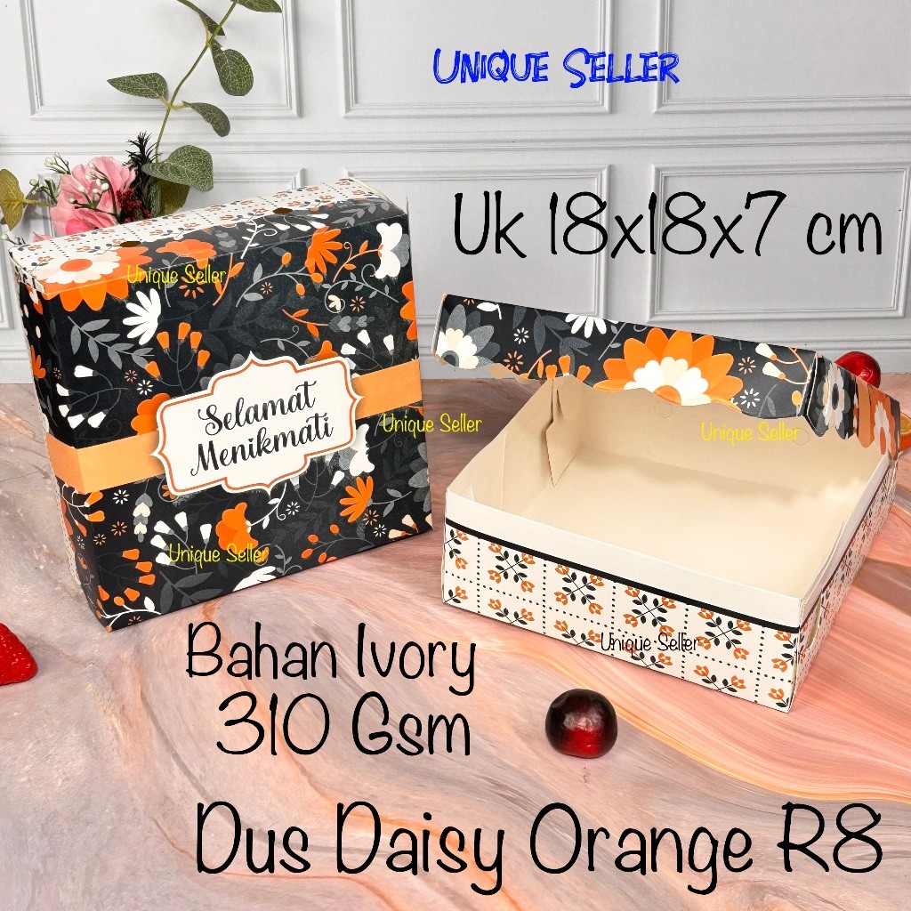 Isi10 Dus Box Kotak Nasi Kue Roti 18x18x7 cm R8 Ivory DAISY ORANGE Motif Dus Box Kotak Cake Puding N