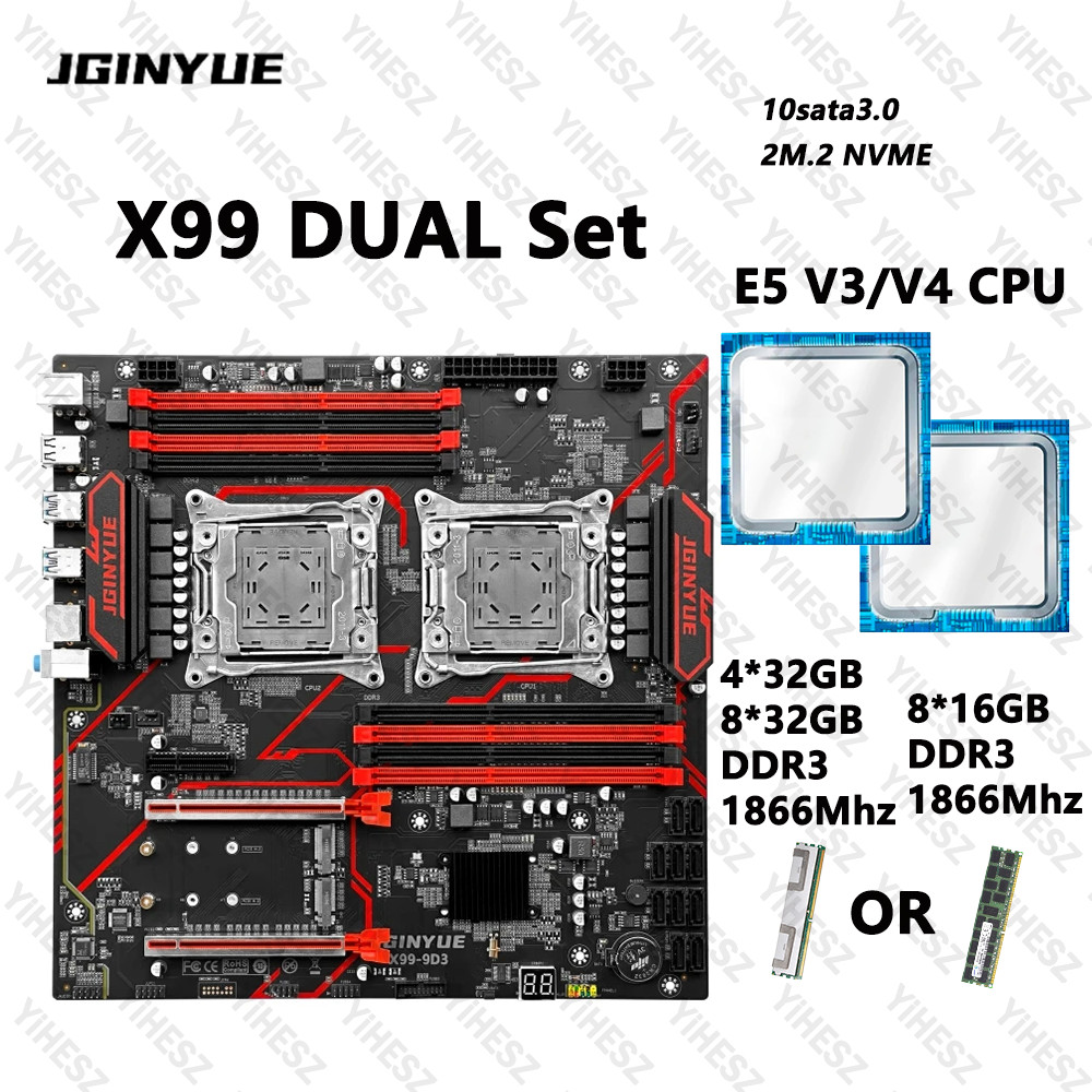 JGINYUE X99 Dual CPU Motherboard Set LGA 2011-3 E5 V3 V4 CPU 4*32GB 8*16GB/32GB DDR3 Memory Eight Ch